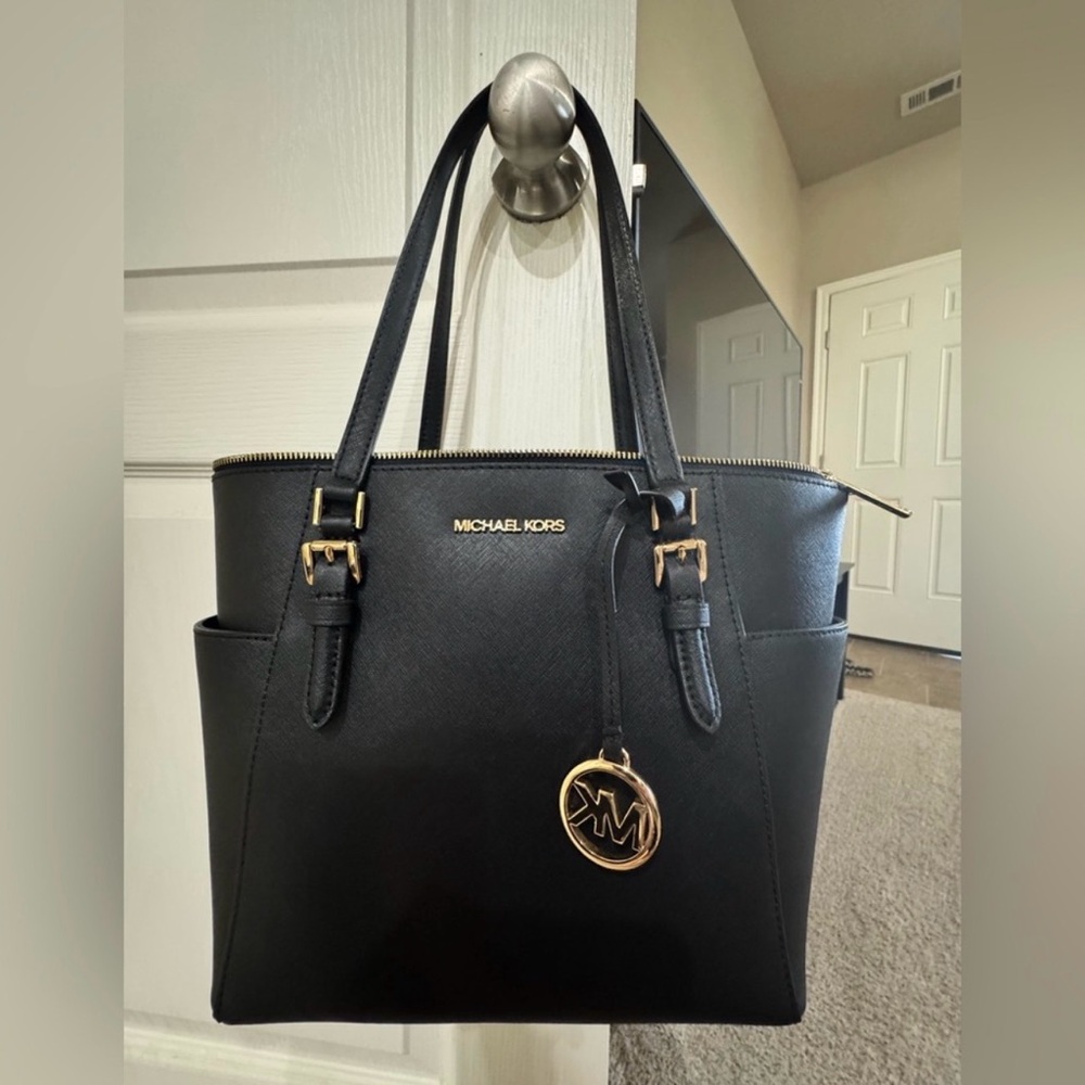 Michael Kors Black Leather Tote Bag Gold Hardware Large Shoulder Purse
